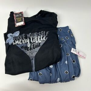 HUE Black Pajama Set with Playful Cocktail Graphic